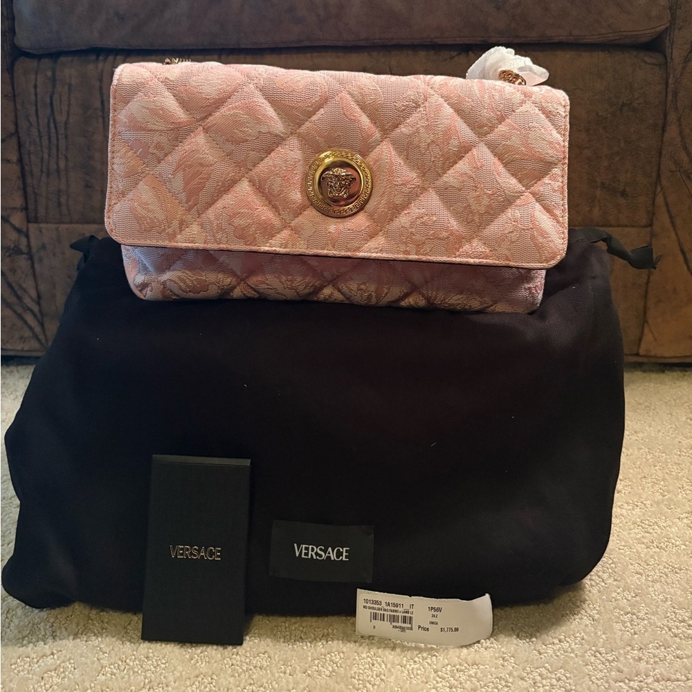 Versace Md Shoulder Bag Fabric Lamb Leather Baby Pink $1775 Retail